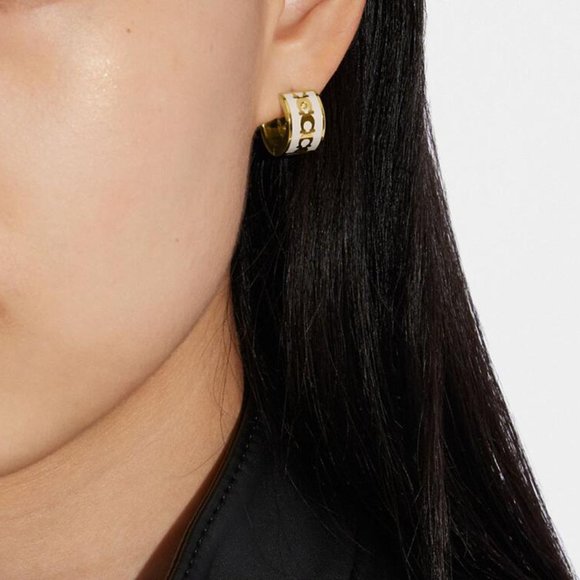 BRAND NEW COACH SIGNATURE ENAMEL HOOP EARRING GOLD/IVORY - Picture 7 of 9